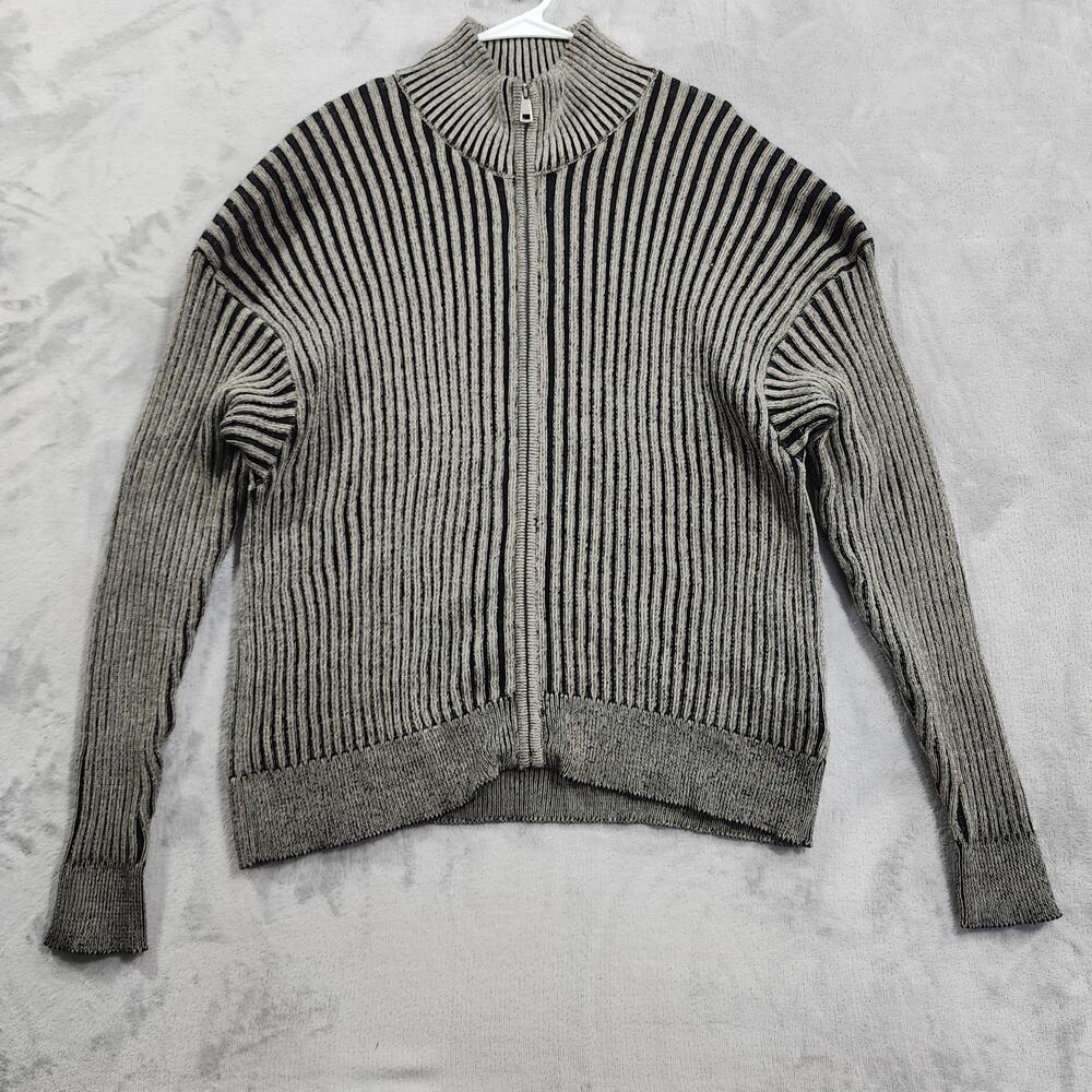 NEW Cotton On Sweater Mens L Black Zip Through Knit Mock Neck Striped Casual